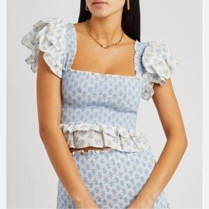 LoveShackFancy Blue and White Puff Sleeve Peplum Blouse